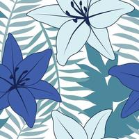 Beautifull tropical lily flowers and leaves seamless pattern design. Tropical leaves, monstera leaf seamless floral pattern background. Trendy brazilian illustration vector