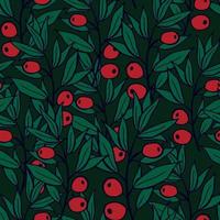 Seamless Christmas pattern with spruce branches. berries and stars. Vector illustration.