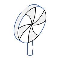 A yummy swirl lollipop, outline isometric icon vector