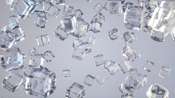 Amazing scene of ice cubes falling. Ice cubes falling on white background. Ice crystals. Sugar crystals. Glass blocks. 3D Render.