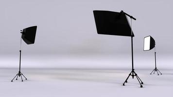 Empty photo studio with lighting equipment. Photo studio with lighting equipment flash spotlight and softbox. 3D Render.