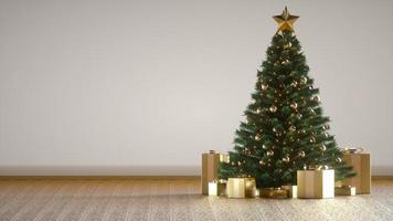 increíble árbol de navidad de lujo con cajas de regalo doradas. procesamiento 3d árbol de navidad intermitente. Feliz navidad y próspero año nuevo. regalos de navidad bajo el árbol de navidad. abeto de pino decorativo. foto