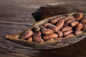 Cocoa pod on wooden background photo