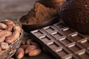 Chocolate bar, candy sweet, cacao beans and powder on wooden background photo