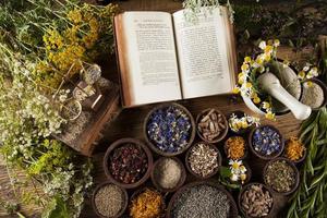 Book and Herbal medicine on wooden table background photo