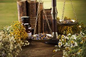 Herbal medicine on wooden desk background photo