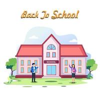 Students back to school and greet each other in front of the school. Flat vector template