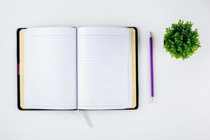 cuaderno abierto o diario para recordatorio y memo y planificador aislado en fondo blanco, maqueta de libro y lápiz y árbol en la oficina de escritorio, concepto de educación y suministros, vista superior. foto