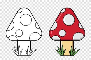 Colorful and black and white mushroom for coloring book. Vector mushroom for coloring book for adult and kids
