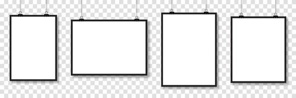 Set of mockups hanging on the wall. Vector poster mockup with white frame. Realistic empty banner. Vector illustration