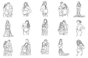 Set Mega Bundle Collection Happy Couple Maternity Pose Husband and Wife Pregnant Line Art illustration vector