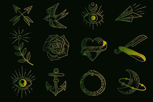 Set Collection Mystical Celestial Simple Minimalism Tattoo Clipart Symbol space doodle Esoteric elements vintage illustration
