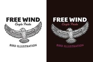 Set Dark illustration Eagle Bird Head and Pose Hand drawn Hatching Outline Symbol Tattoo Merchandise T-shirt Merch vintage vector