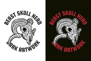 Set Dark illustration Beast Skull Bones Head Hand drawn Hatching Outline Symbol Tattoo Merchandise T-shirt Merch vintage vector