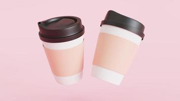 Two paper coffee cups,  Mockup template. 3D illustration floating over the background photo