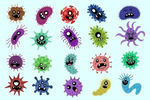 conjunto mega colección paquete colorido bacterias virus gérmenes enfermar salud dibujos animados doodle clipart para niños ilustración vector