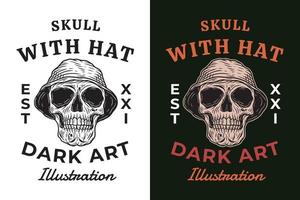 Set Skull with Hat Dark illustration Skull Bones Head Hand drawn Hatching Outline Symbol Tattoo Merchandise T-shirt Merch vintage vector