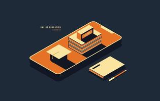 Minimal isometric digital education concept, Online learning on website and mobile application, Digtital advertising and marketing for school enrollment vector