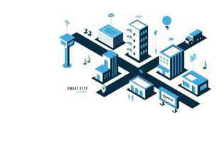 ciudad inteligente que se conecta al concepto de Internet, sistema inteligente de automatización de edificios con tecnología de red. Ilustración de vector de sistema de control y gestión de iot urbano