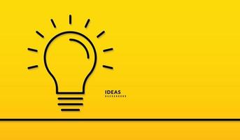 Light bulb with rays shine minimal line design on yellow backgroud. Concept of creative idea, inspiration, innovation and invention