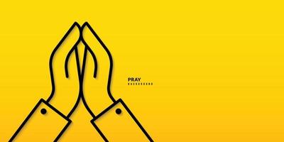 Hands folded in praying position line on yellow background. Prayer to god with faith and hope concept vector