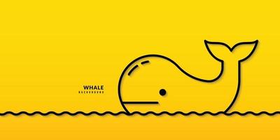 Cute Whale minimal line drawing on yellow background. Ocean pollution protection concept vector