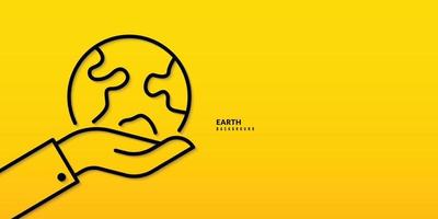 Hand holding Planet Earth on yellow background, Save the planet concept. Minimal Continuous line drawing illustration