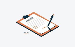 firma digital y concepto de acuerdo de contrato inteligente, papel isométrico con documento de firma de lápiz en el portapapeles. finalización exitosa de tareas comerciales ilustración vectorial vector