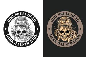 conjunto oscuro ilustración cráneo huesos cabeza dibujado a mano eclosión contorno estilo místico celestial símbolo tatuaje mercancía camiseta merch vintage