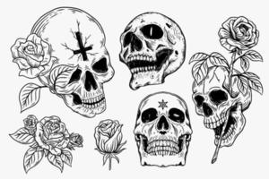 Set Dark illustration Skull Head Bones Hand drawn Hatching Outline Style for Tattoo Merchandise T-shirt Merch vintage vector