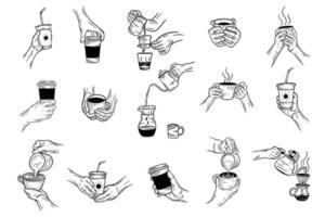 Set Mega Collection Bundle Hand Drawn Hold Coffee Cream beverage Dessert Shop Glass Cup Menu Cafe Restaurants illustration vector