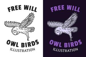 Set Dark illustration Owl Bird Head and Pose Hand drawn Hatching Outline Symbol Tattoo Merchandise T-shirt Merch vintage vector