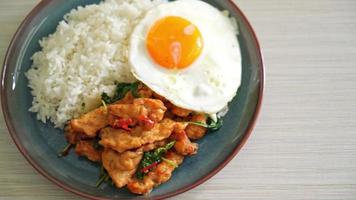 stir-fried fried fish with basil and fried egg topped on rice - Asian food style video