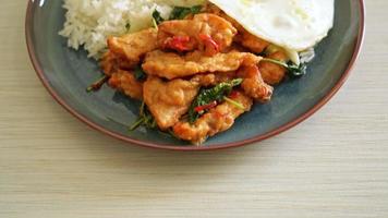 stir-fried fried fish with basil and fried egg topped on rice - Asian food style video