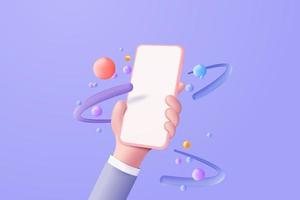 3D vector hand holding mobile phone isolated on purple background, Hand using smartphone with empty screen for mockup mobile pink concept. showcase 3d display minimal scene with device smartphone