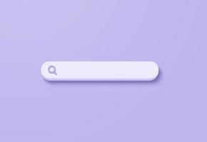 3D minimal search bar or magnifying glass in blank search bar on purple background. Search bar design element on web browser. 3d vector magnifier render for UI illustration in pastel background