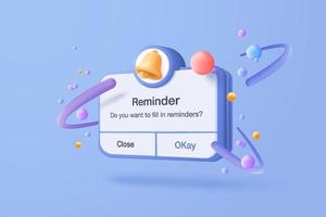 3D reminder in calendar on blue background. notifications page with floating elements. Alert for business planning ,events, reminder and timetable in background. 3d vector bell render on calendar