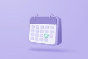 Calendario 3d con fecha marcada para un día importante en fondo morado. calendario con marca para cita programada, día del evento, concepto de planificación de vacaciones renderizado vectorial 3d fondo pastel aislado vector