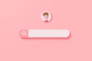 3D minimal search bar or magnifying glass in blank search bar on pink background. Search bar design element on web browser. 3d vector magnifier render for UI illustration in pastel background