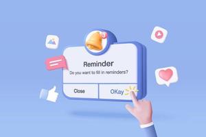 3D reminder in calendar and hand to press button. notifications page with floating elements. Alert for business planning ,events, reminder and timetable in blue background. 3d vector social render