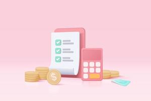 vector de calculadora mínima 3d render concepto de gestión financiera. cálculo de la planificación del riesgo financiero, calculadora con pila de monedas y billete con concepto de vector 3d sobre fondo rosa pastel