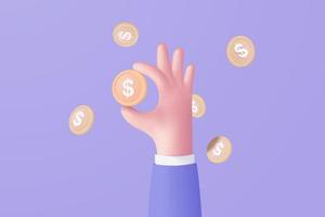 3D money coin hand holding on purple pastel background. holding money in business hand concept, online payment and payment 3d vector render concept. finance, investment, money saving on hand isolated
