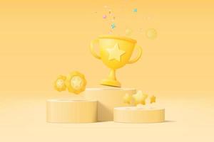 3d winners minimal with golden cup, gold winners stars on podium background. Award ceremony first and second and third concept on podium. 3d vector render isolated on blue pastel background