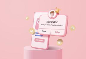 3D reminder in calendar on smartphone. notifications page with floating coin for e-commerce. Alert for online shopping planning, reminder and timetable in background. 3d vector bell render on mobile