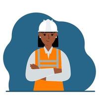 mujer sonriente trabajadora de la construcción con casco blanco y chaleco naranja. ingeniero. ilustración plana vectorial vector