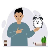 Modern concept of time management illustration. A sad man holds an alarm clock in his hand and the second points to it. Vector flat illustration