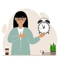 Modern concept of time management illustration. A smiling woman holds an alarm clock in his hand and the second points to it. Vector flat illustration