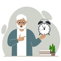 concepto moderno de ilustración de gestión del tiempo. un abuelo que grita sostiene un despertador en la mano y el segundo lo señala. ilustración plana vectorial