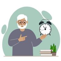 Modern concept of time management illustration. A smiling grandfather holds an alarm clock in his hand and the second points to it. Vector flat illustration