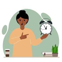 Modern concept of time management illustration. A screaming woman holds an alarm clock in his hand and the second points to it. Vector flat illustration